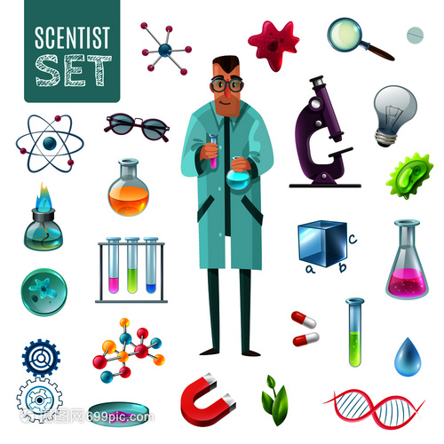 科学与艺术的交融 卡通化科学图标与生物实验室研究工具的创意展现